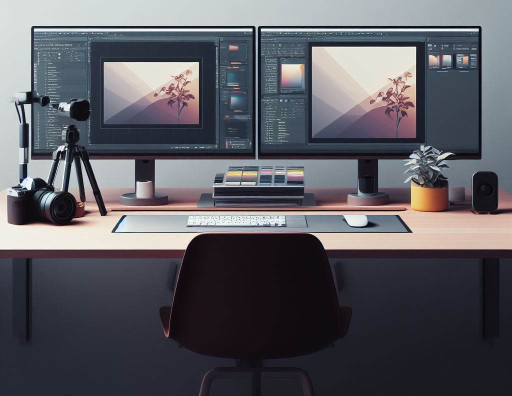 PC für Bildbearbeitung mit Kamera und 2 Monitoren